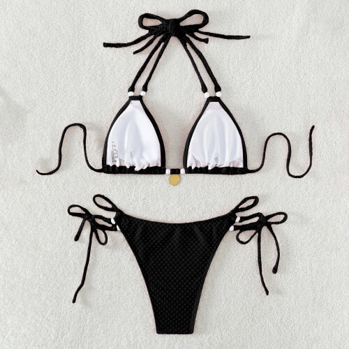 Women's Triangle String Bikini Set Sexy Tie Side Two-Black M 1