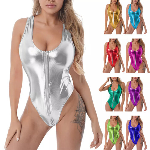Damesbadpak Metallic glanst polyester en spandextextuur-A L 2