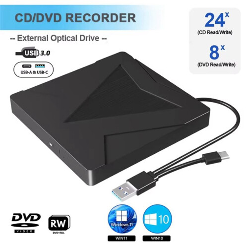 External DVD Drive CD DVD -/+RW Player Burner Portable Optical Drive for Laptop PC Computer Notebook Windows 11 10 1