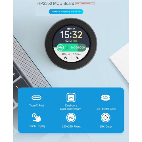 RP2350 MCU Board Microcontroller Development Board with 1.28-Inch Round Touch LCD LCD Display 240x240 Six-Axis Sensor 1