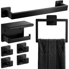 7-Piece Matte Black Bathroom Accessories Hardware Set, 4 Towel Hooks, Wall Mounted for Bathroom, Kitchen, Hotel