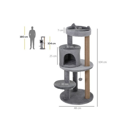 104 cm Cat Tree, Cat Condo Tree Tower, Cat Activity Centre with Scratching Posts, Plush Perch, Hanging Ball - Grey 2