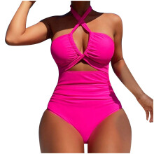 Women's One-Piece Swimsuit with Plunging Neckline,-rose red XL