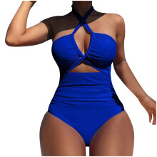 Women's One-Piece Swimsuit with Plunging Neckline,-Blue M