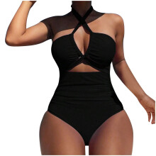 Women's One-Piece Swimsuit with Plunging Neckline,-Black L
