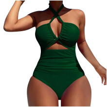 Women's One-Piece Swimsuit with Plunging Neckline,-Green L
