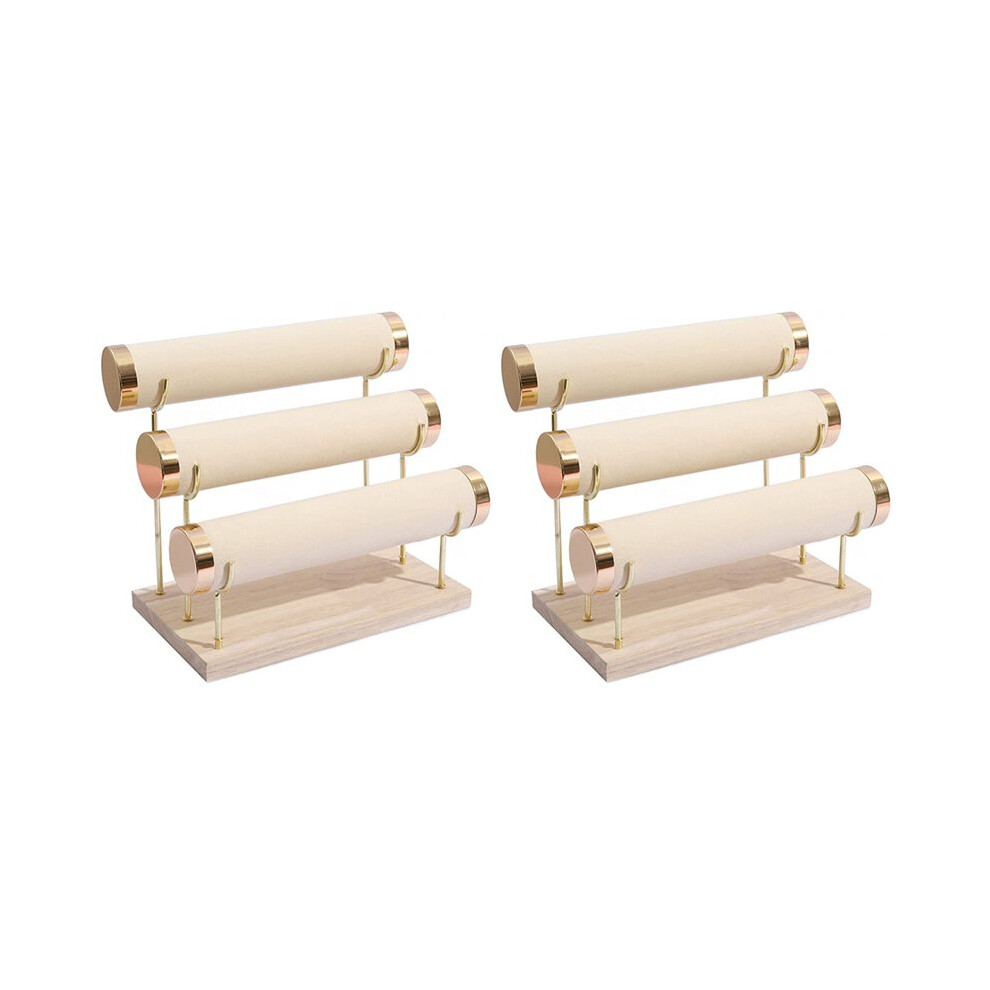2X Detachable Bracelet Holder, Three Tier Racks Jewelry Display Stand, Stylish Velvet Wrist Watch Organizer, Beige 6033190109769