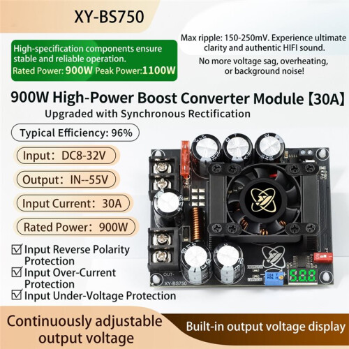 8-32V 900W 30A - Boost Converter Module Adjustable Step  Power Supply Voltage Regulator for Audio Amplifier 2