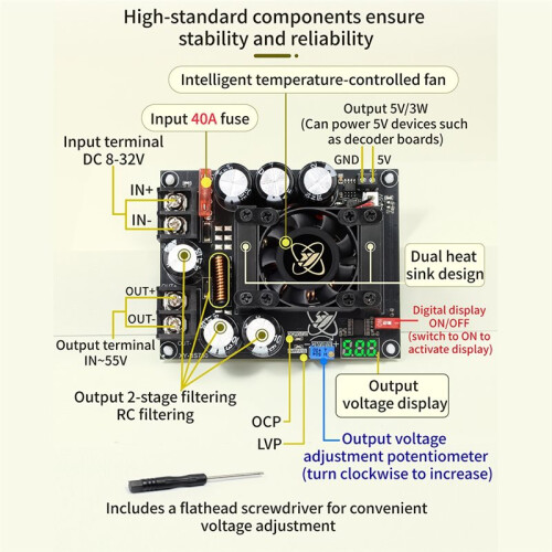 8-32V 900W 30A - Boost Converter Module Adjustable Step  Power Supply Voltage Regulator for Audio Amplifier