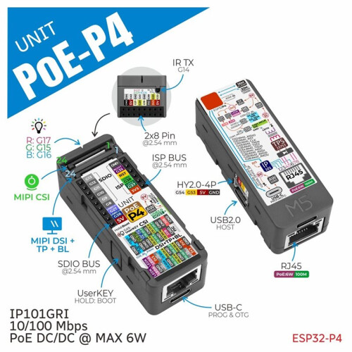 Unit PoE-P4 with ESP32-P4 PoE Ethernet Embedded Controller IP101GRI Ethernet PHY Support 10/100 Mbps Communication 2