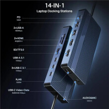 14-in-1 USB-C-Dockingstation, 2 Festplatten, 1 USB-C/DP-Anschluss, 4K/60H-Videoausgang, 10 Gbit/S PD, 100 W, 85 W Eingang, 1000 Mbit/S Ethernet für