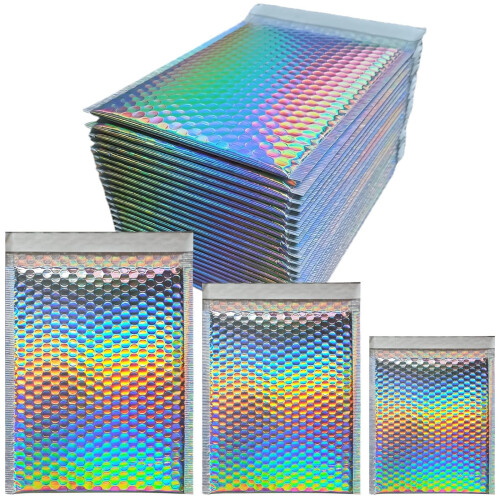 100 Pack Holographic Bubble Mailers with Self Seal Closure, MultiSize Padded Envelopes for 1