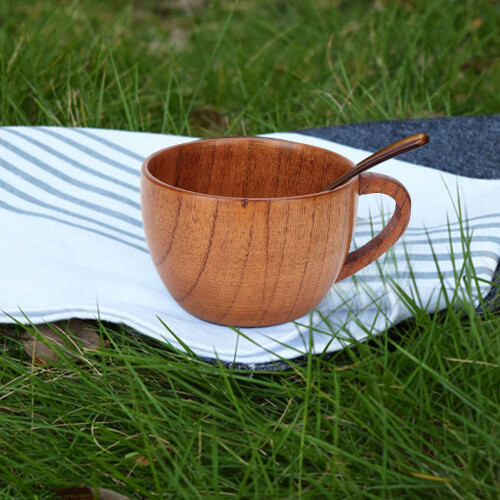 Wood Coffee Mug Tea Cup, Retro Flat Base, Handle, 93g 1