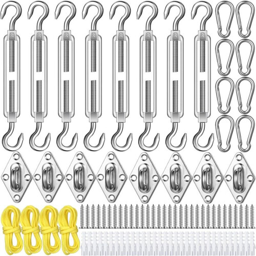 92 Pieces Shade Sail Hardware Kit Rust-Proof Shade Hardware Kit for Triangle Rectangle Shade Sail Installation Silver