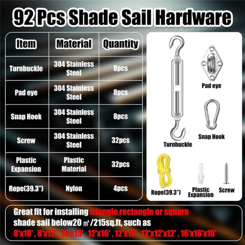 92 Pieces Shade Sail Hardware Kit Rust-Proof Shade Hardware Kit for Triangle Rectangle Shade Sail Installation Silver 1