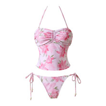 Elegant Floral Printed Two Piece Swimsuits Split-pink flower XL