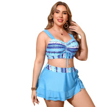 Women Two Piece High Waist Swimsuit Set with Beach-Blue XXL