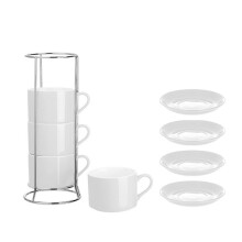 Tasses à Cappuccino Empilables en Porcelaine avec Soucoupes et Support en Métal, Tasses à Expresso pour Café au Lait, Café de Spécialité D