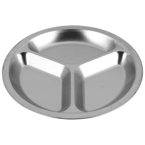 10X Stainless Steel 3 Sections Round Divided Dish Snack Dinner Plate Diameter 24Cm 2