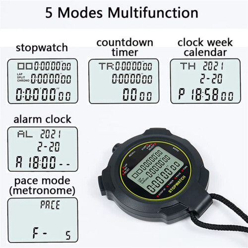 5X Digital Sports Stopwatch, 10Lap /Split Memory Stopwatch Count Down Timer, Large Display Waterproof 12/24 Hour Clock 1