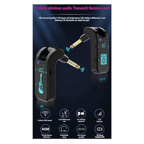 2X 2.4G WS-4 Trådlöst Gitarrsystem Gitarrsändarmottagare för Elgitarrbas 48K/16bit Realtidsöverföring 1