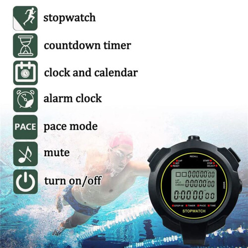 5X Digital Sports Stopwatch, 10Lap /Split Memory Stopwatch Count Down Timer, Large Display Waterproof 12/24 Hour Clock 2