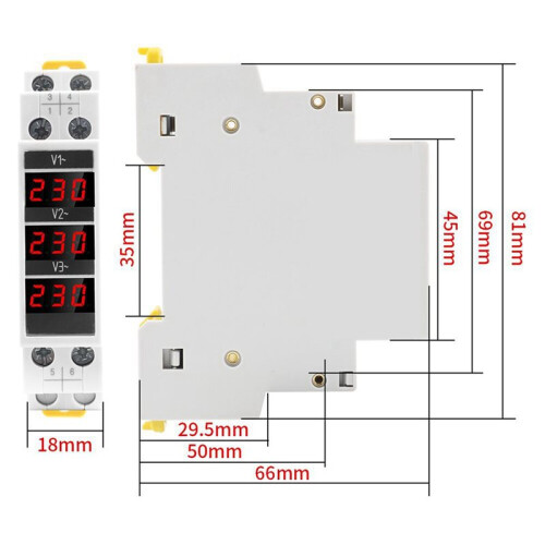 5X Modular LED Digital Three-Phase Voltmeter for Din Rail Voltage Meter AC80-500V