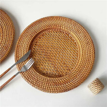 4pcs 13 Inch Handmade Natural Rattan Plate Decorative Round Placemat Bread Snack Serving Tray Table Decor