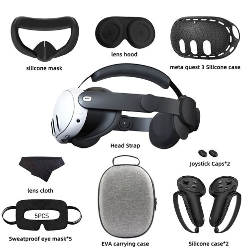 For Meta Quest 3 Nine-Piece VR Storage Bag Set Headset, Controller, and Main Unit Silicone Protective Covers Black 1