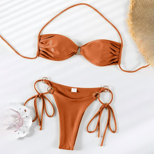 Bathing Suit for Women Halter Ring Linked Tie Side-Black L 2
