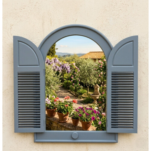 Arch Window Mirror Shutters Grey Plastic Frame Double Doors 49 X 57 Cm
