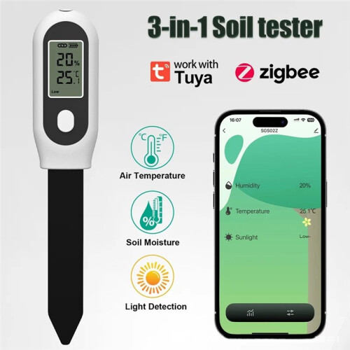 Tuya Zigbee Soil Moisture Sensor 3 in One Humidity Temperature Sunlight Meter Screen/APP Control for Plants Pots Garden 2
