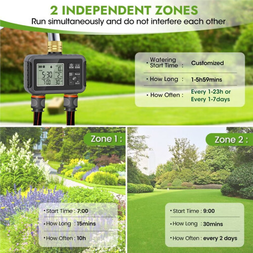 2-Zone Sprinkler Timer Programmable Garden Hose Timer Water-Saving Irrigation Controller for Lawn Yard Drip Systems IPX5 2