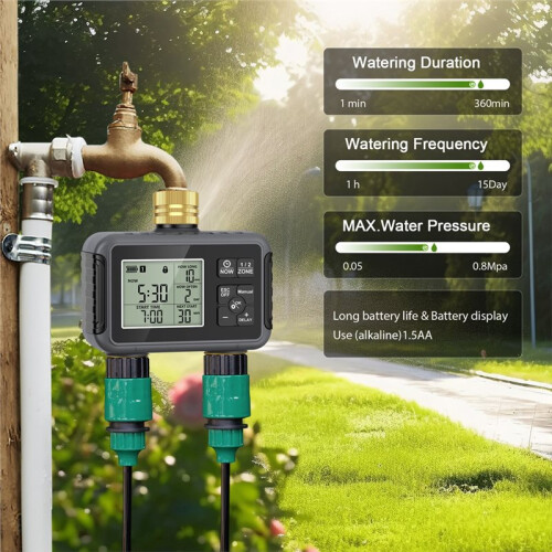 2-Zone Sprinkler Timer Programmable Garden Hose Timer Water-Saving Irrigation Controller for Lawn Yard Drip Systems IPX5 1