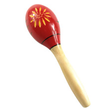 Handmade Wooden Maracas with Carved Flowers, Long Red Instrument with Bold Floral Design