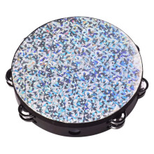 Tambourine Wooden 8 Inch Handheld Drum with Double Row Bells Reflective Head for Live Performance