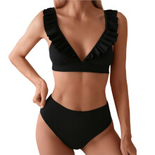 Bikinis Ă Volants pour Femmes Maillots de Bain Col en V-Noir M