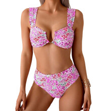 Women's 2 Piece Set, Floral Print Swimsuit with-rose red S