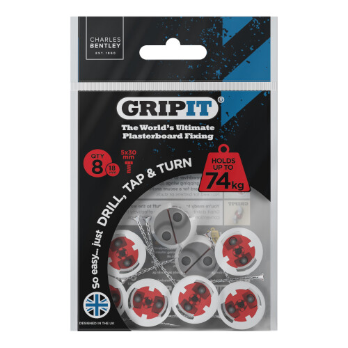 Gripit 18mm Plasterboard Fixing - 8 Pack (Red) Stud Wall Anchor Max Load 74kg Support Heavy Loads