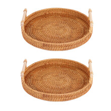 2X Rattan Ablage, Runder Korb mit Griff, Handgewebt, Rattan Ablage Weiden Korb L