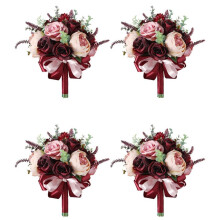 4X Burgundy Dusty Rose Bouquet - Champagne Blush Blooming Peony with Eucalyptus Real Perfect Bridal Wedding Flowers