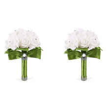 2X Bella Bouquet da sposa damigella d'onore di fiori artificiali rosa bouquet bouquet da sposa-Green nastro bianco
