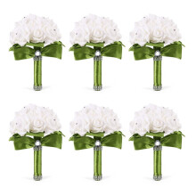 6X Wedding Bouquet Bridal Bridesmaid Flower Wedding Bouquet Artificial Flower Rose Bouquet Bridal Bouquets-Green Ribbon