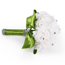 3X Wedding Bouquet Bridal Bridesmaid Flower Wedding Artificial Flower Rose Bouquet White Bridal Bouquets-Green Ribbon