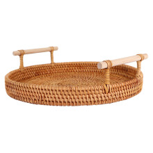 2X Rattan Storage Tray, Round Basket with Handle, Hand-Woven, Rattan Tray Wicker Basket L