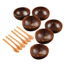 Coconut Bowl Set Handmade Coconut Shell Tableware Wood Spoon Dessert Fruit Salad Mixing Bowl Rice Ramen Bowl 12Pcs