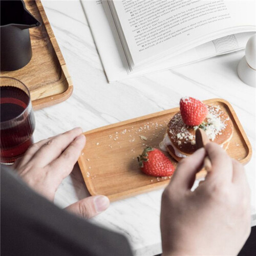 6X Acacia Serving Tray, Rectangular Solid Wood Flat Bottom Plate, Fruit Plate, Saucer, Tea Tray, Dessert Plate-Small 2