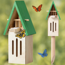 Wooden Butterfly House with Bird Water Feeder, Natural Garden Wildlife Shelter, YearRound Use