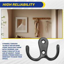 Double Prong Robe Hook with Screws, Dual Coat Hooks Wall Mounted Hanging Clothes for Bathroom Bedroom Door Wall (Black)