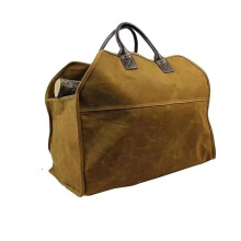 Firewood Carrier Waxed Canvas Log Tote Bag with Leather Handles, Large Capacity Khaki